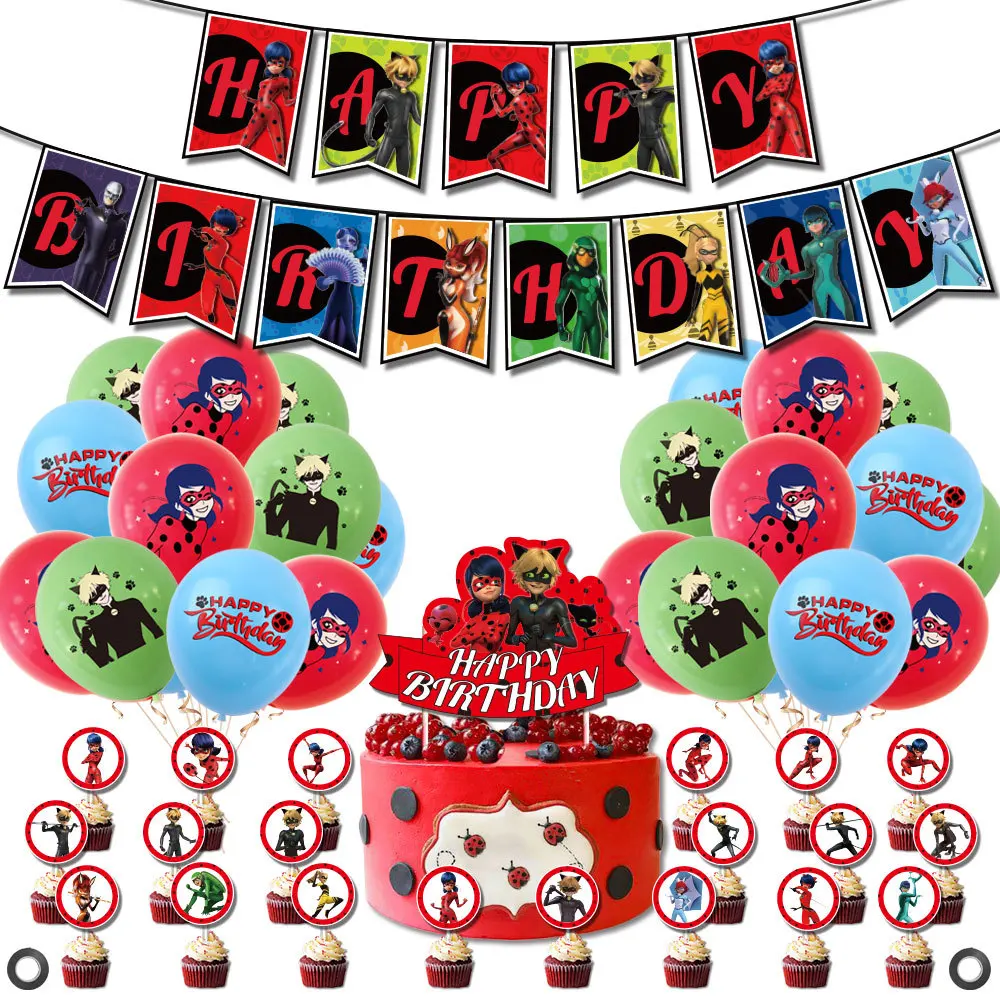Лидер продаж Amazon, тематические товары для вечеринок с мультяшным котом, Леди Баг, набор украшений на день рождения для девочек, баннер на день рождения