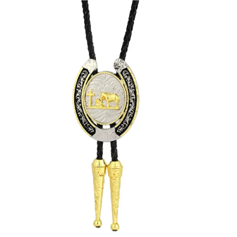 U shape two-color plating zinc alloy western cowboy bolo tie clip Black leather rope animal Bolo tie Necklace for men