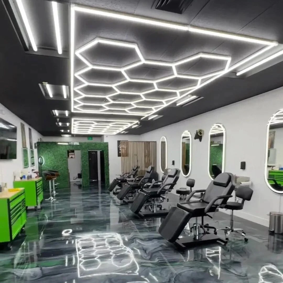 Car Detailing Led Garage Light Hexagonal Grid Systems Gym Lights For Garage Workshop With Aluminum Border Hex Light