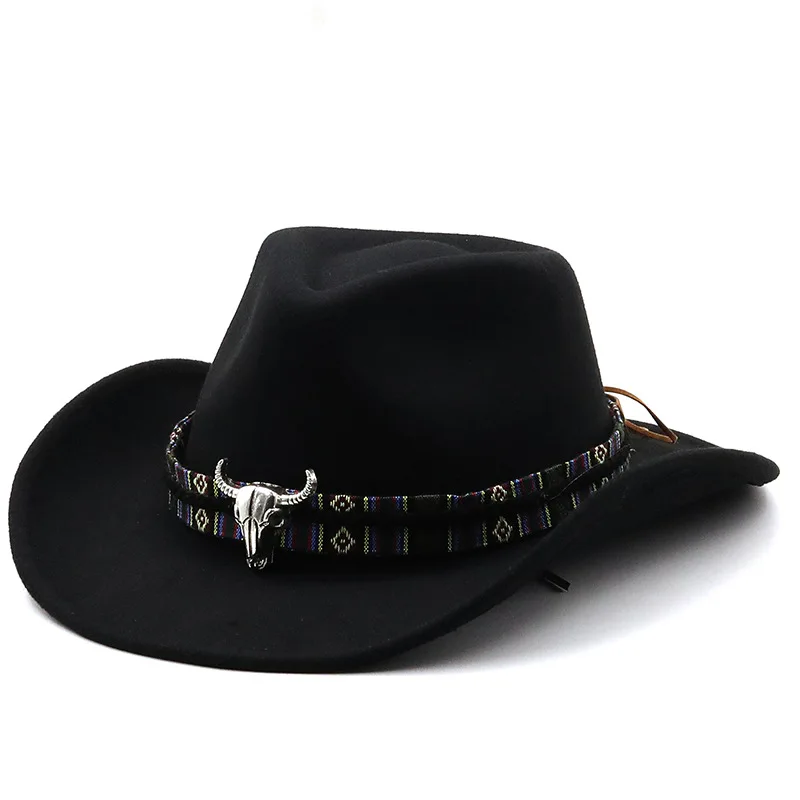 Black Soft Felt Waterproof Sweatband Traditional Wide Brim Men And Women Western Outback Cowboy Hat With Bull Head Fedora Cap