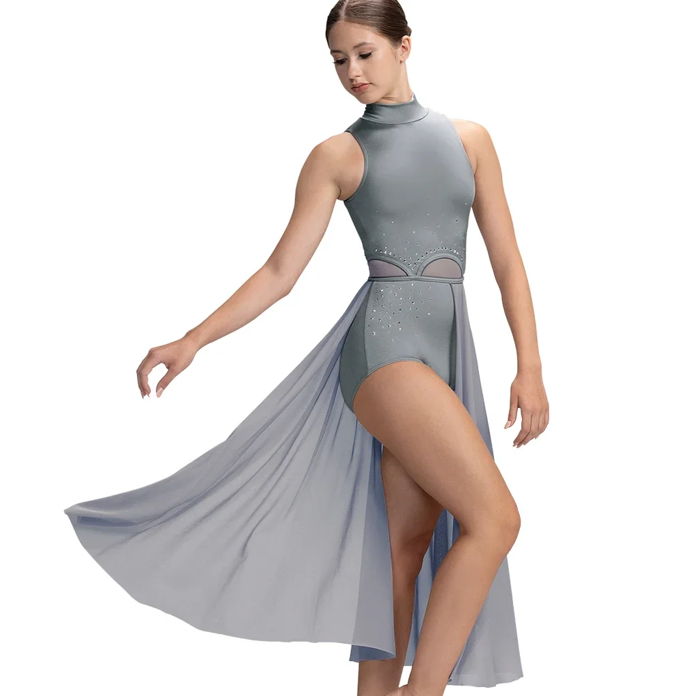 MiDee New Long Ballet Competition Dresses for Women Half Skirt Lyrical Dress Dance Competition Clothes Stage Costume Spandex