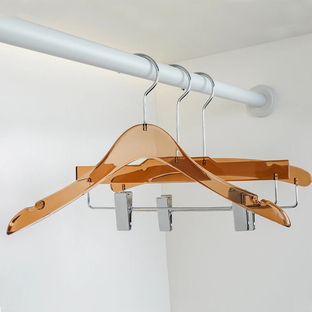 LINDON Premium Clear Hangers Moon Shape Transparent Brown Plastic Acrylic Hanger for Jaket Pants Dress Coat
