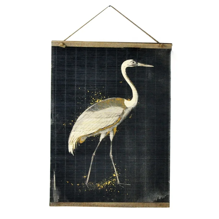 IVYDECO Classic Decorative Rope Hanging Black Bamboo Glitter Crane Painting Wood Wall Art