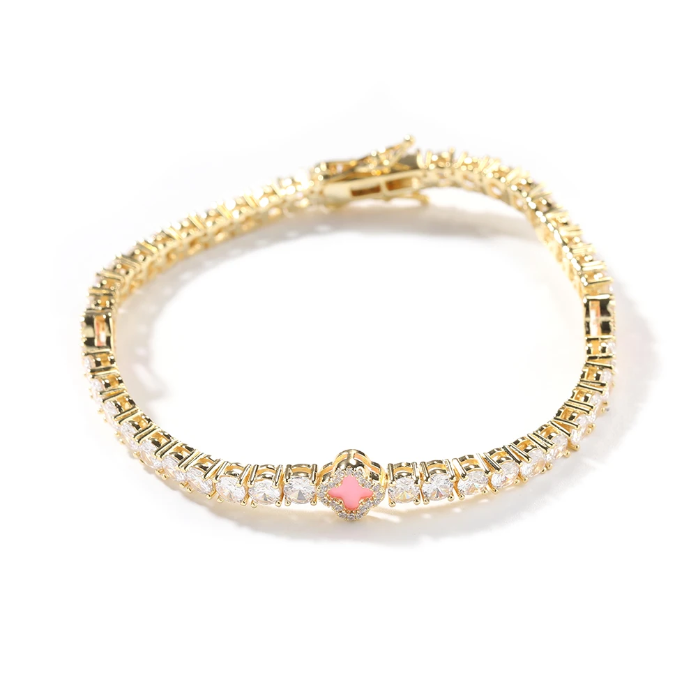 UWIN Pink Clover Tennis Chain Bracelet 18K Gold Plated Natural Stone 4 Leaf Lucky Jewelry with Bling Stones Femeinas Jewelry