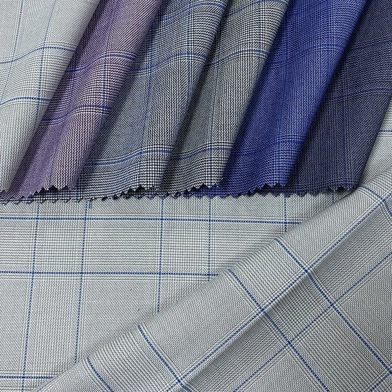 Ready Ship Goods Polyester Viscose Spandex Suiting Fabric Blue Checks DEsign School Uniform Blue Checked Suit For Men