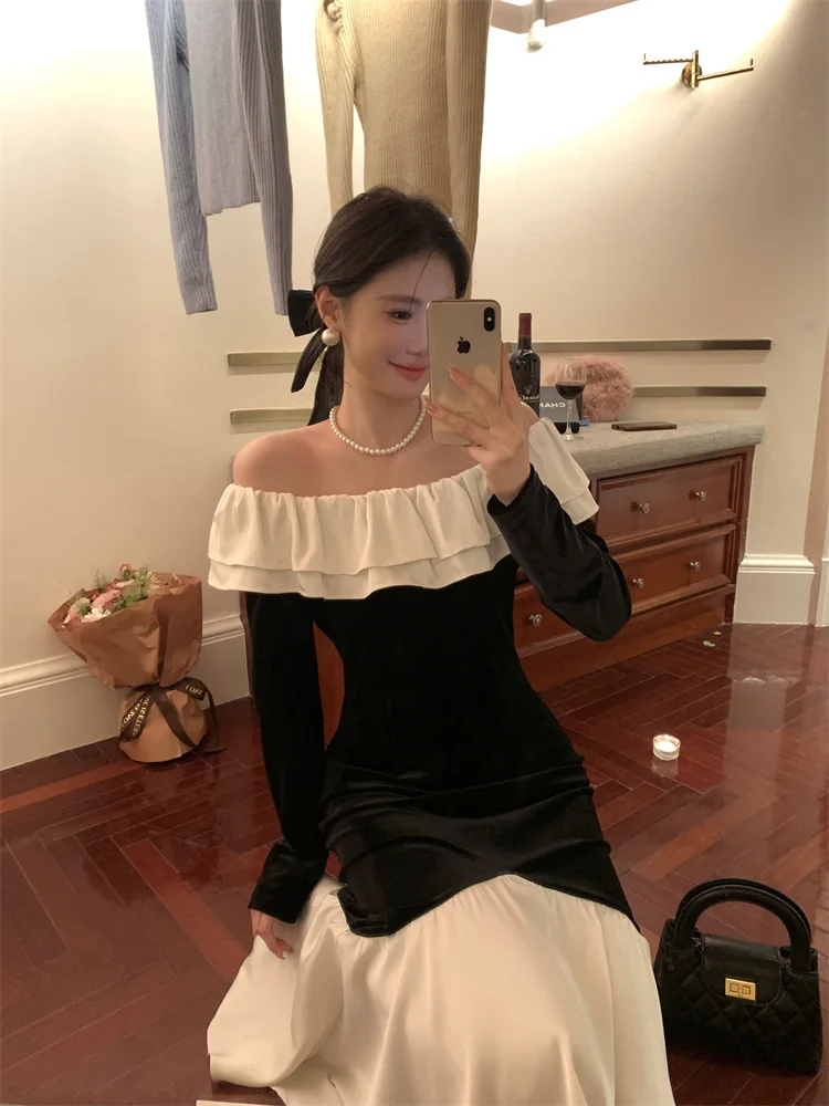 Winter slim-fit elegant elegant shoulder base velvet dress annual meeting fishtail long skirt