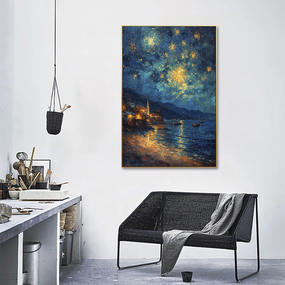 Guanjun 40*60cm Impressionism Night Sky Landscape Oil Painting On Canvas Framed Wall Picture