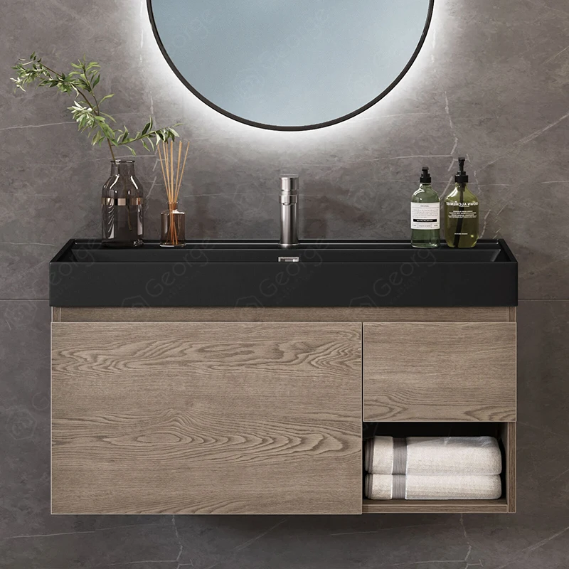 MDF/ PVC/ Plywood bathroom vanity cabinets with light mirror and slab basin sink for home