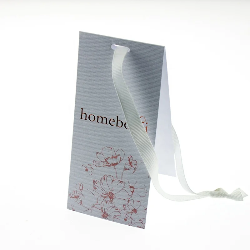 China Custom Logo Rose Golden Foil swing tag Garment Accessory Special textured Paper Hang Tag with grosgrain ribbon rope
