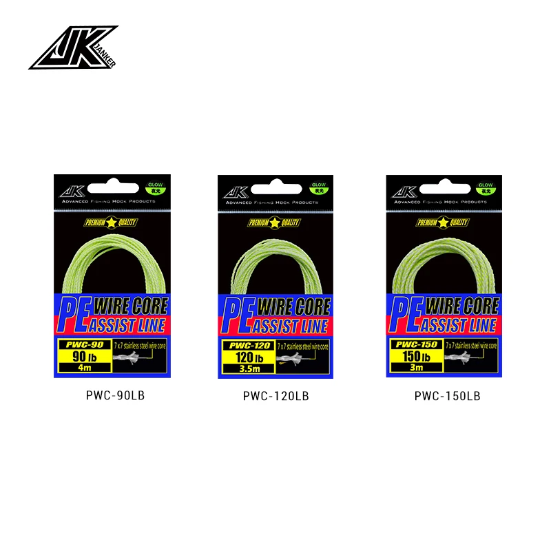 JK 90/120/150LB Luminous PE Assist Line 7*7 Stainless Steel Wire Core Rebar High Stronger 8 Strands Braided Fishing Line Green