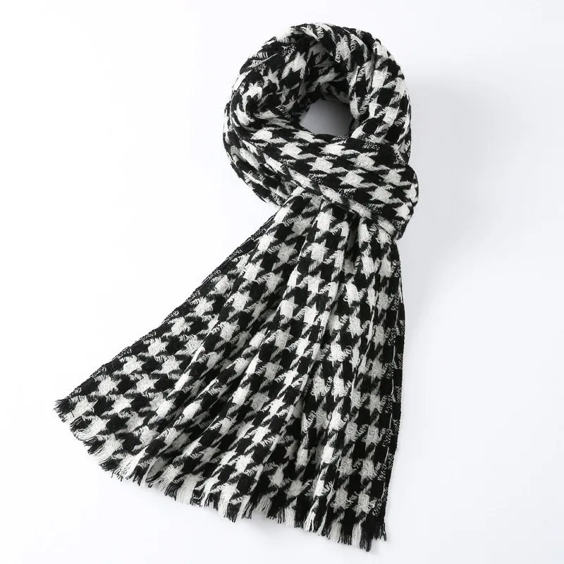 Custom Jacquard 100% Wool Houndstooth Scarf for Women Winter Solid Warm Plaid Knit Shawl Braided Checked Cashmere Scarf