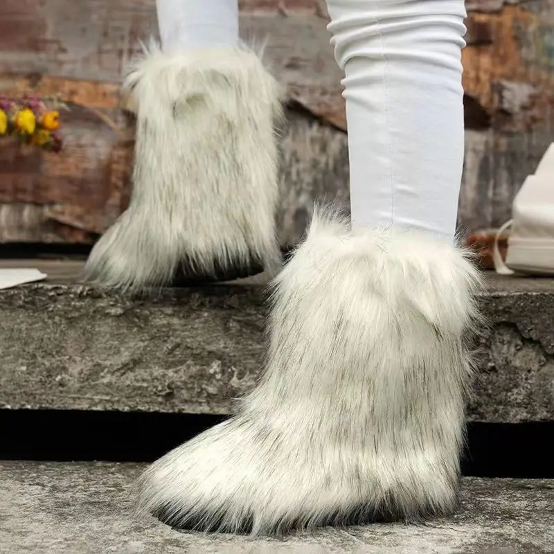 Hot selling fashion hairy ladies flat ankle boots shoes winter warm plush fur snow boots for women