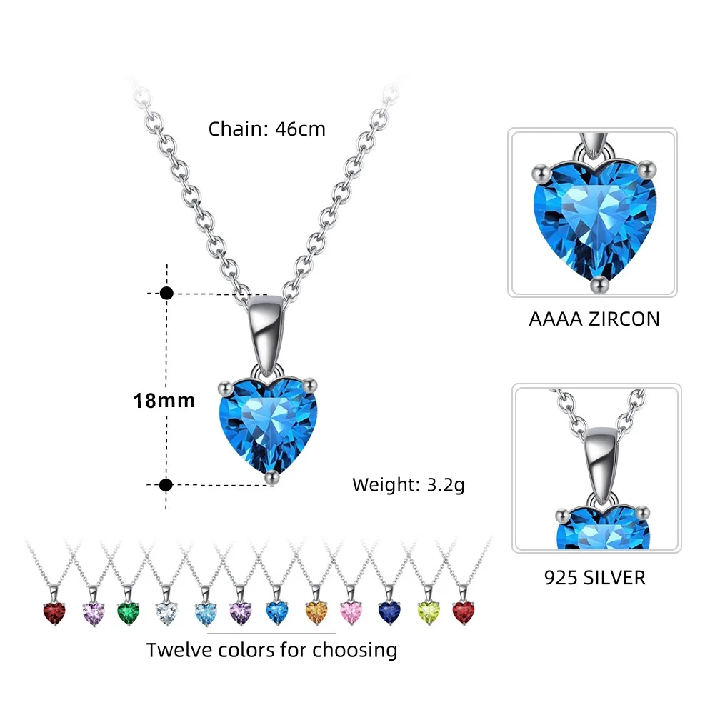 High Quality 925 Sterling Silver Heart Pendant Necklace 12 Months Birthstone Necklaces For Women Gifts Wholesale