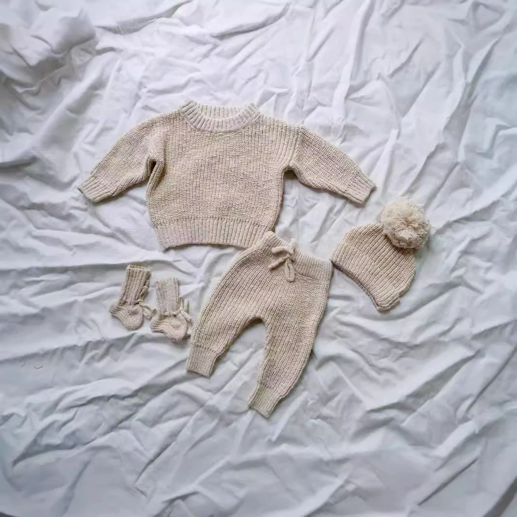 Autumn and winter 4-piece set Cotton Romper Sweater Beanie Baby Knit Clothing Set
