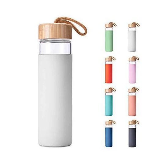 Amazon Hot Sale Bamboo Lid Borosilicate Glass Water Bottle With Silicone Sleeve Single Layer Glass Cup With Handle
