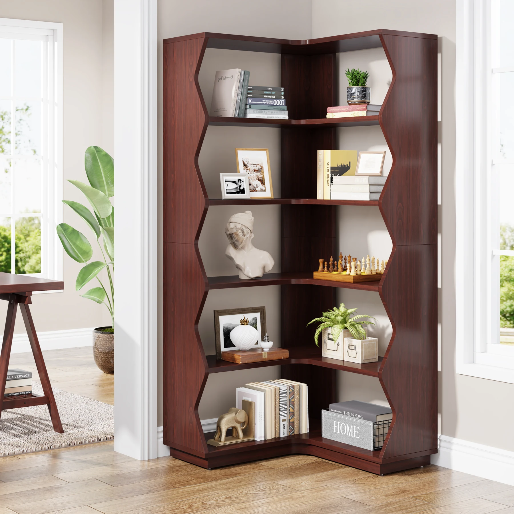Living Room Modern Wooden Rustic Brown Storage Modular Open-back 5 Layers Corner Floor Shelving Display Unit