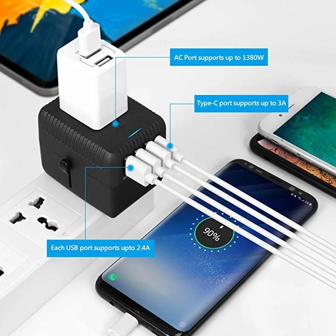 
2019 black travel adaptor conversion plug type c usb adapter with uk usa euro aus plug socket 