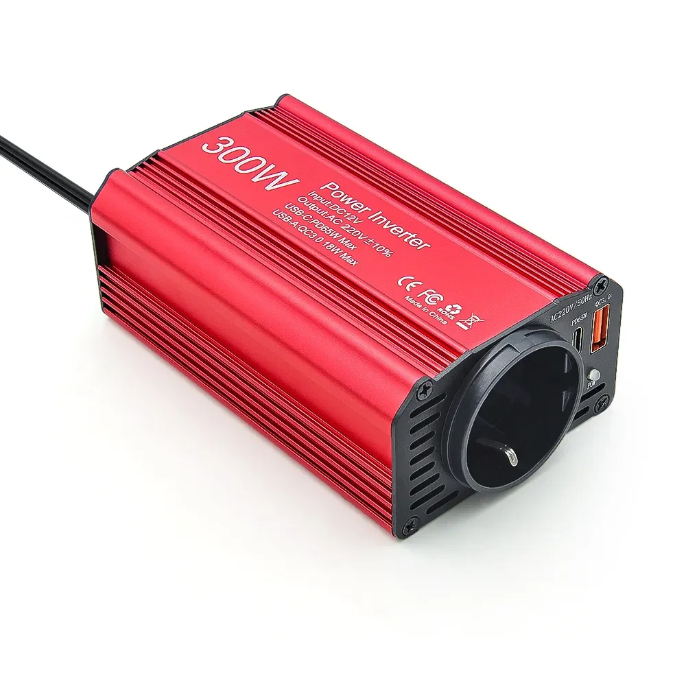 Inverter 300W Power EU Socket DC12V to AC 220V/110V Output USBQC3.0+PD65W Fast Charging Vehicle Inverter