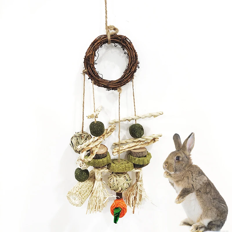 rattan Hanging Toys For Bunnies for Guinea Pig Chew Toys and Rabbit Timothy Hay Cubes Treats for Bunny Toy with Food Chinchillas