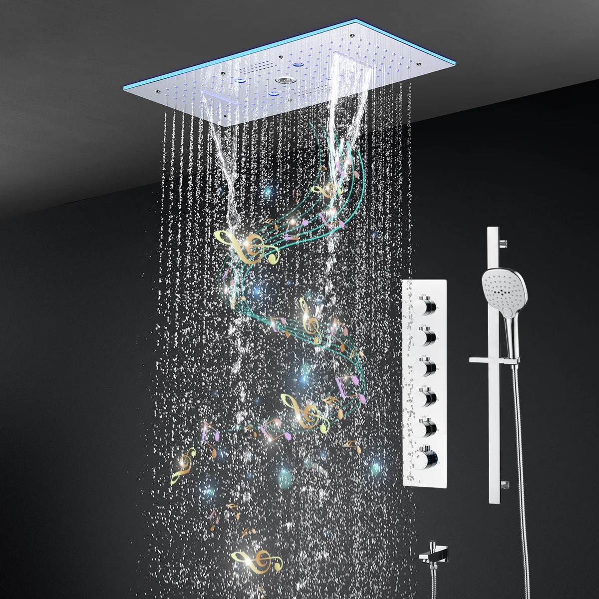 600*300 MM Thermostatic LED Shower Set Chrome Ceiling-Mounted Rain Waterfall Mist Jets Brass Water Column Bath Shower Faucets