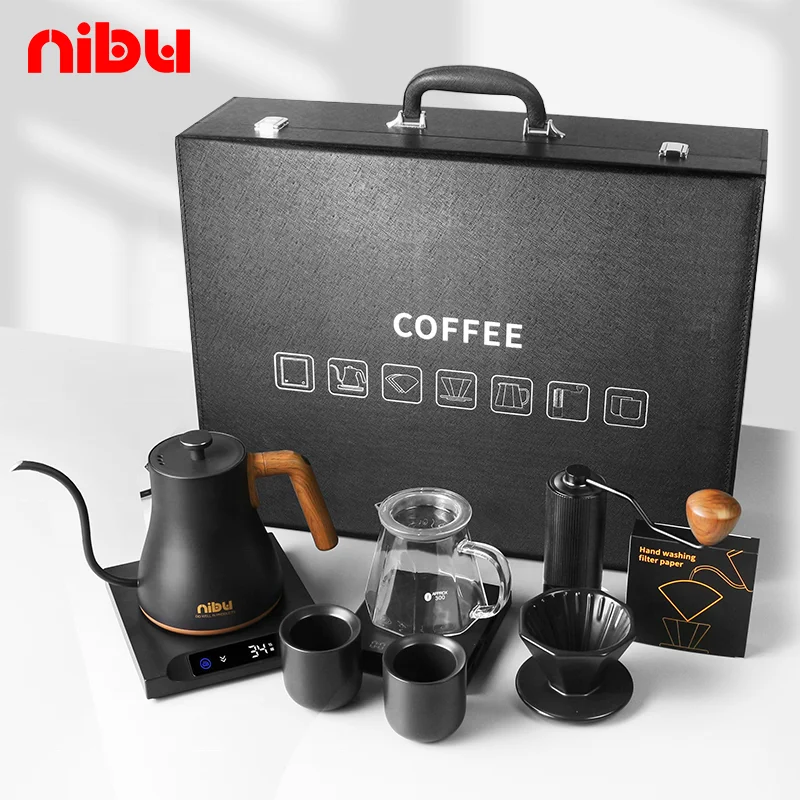 NIBU Travel Pour Over Coffee Gift Box Leather Suitcase Coffee Kit With Electric Kettle Coffee Set
