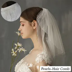 V627 Elegant Wedding Bridal Veil Soft Tulle Beading Handmade White Shoulder Short Brides Veil Women Marriage Accessories