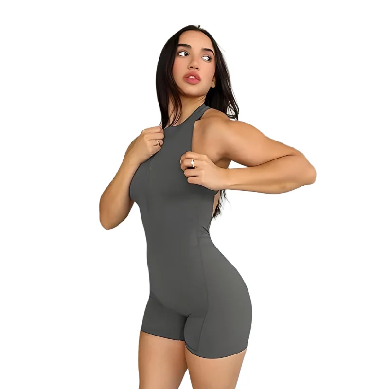 Wholesale womens jumpsuit tights Zipper Workout backless belly sleeveless sexy Yoga Bodysuit Sports Fitness jumpsuit