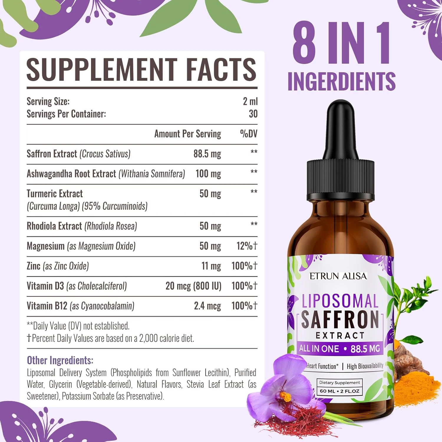 Private label 88.5 mg Saffron Extract Bioavailability Liposomal Drops Vitamin supplement Mood Energy Vision & Focus