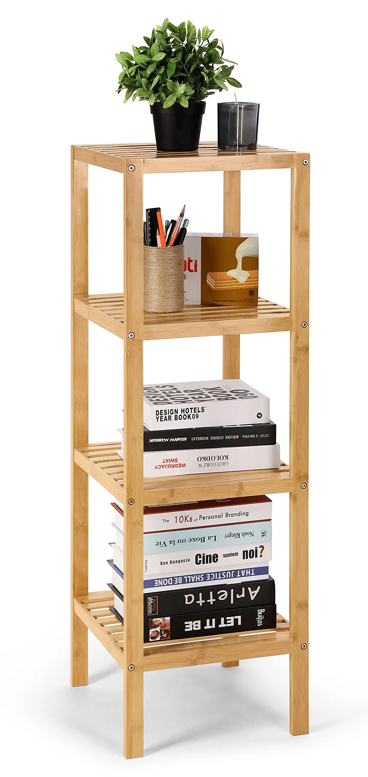 Bamboo Book Shelf 4-Tier Wood Bookcase Free Standing Book Shelves Organization Multifunction Bookshelf Plant Stand