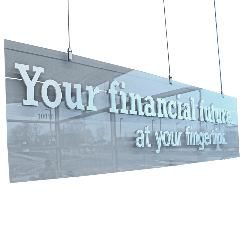 Custom hanging Frosted Tempered Glass interior non-illuminated signage  office guid system wayfinding and directional sign