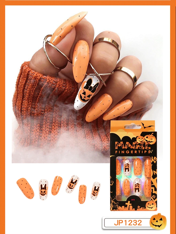 Wholesale 24 Tips Long Coffin Ghost Spider Web Press on Nails Art For Halloween Decoration