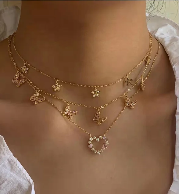 Dainty Luxury Jewelry Women Multi Butterfly Charms 18 K Gold Stainless Steel Custom Color CZ Zircon Crystal Butterfly Necklace