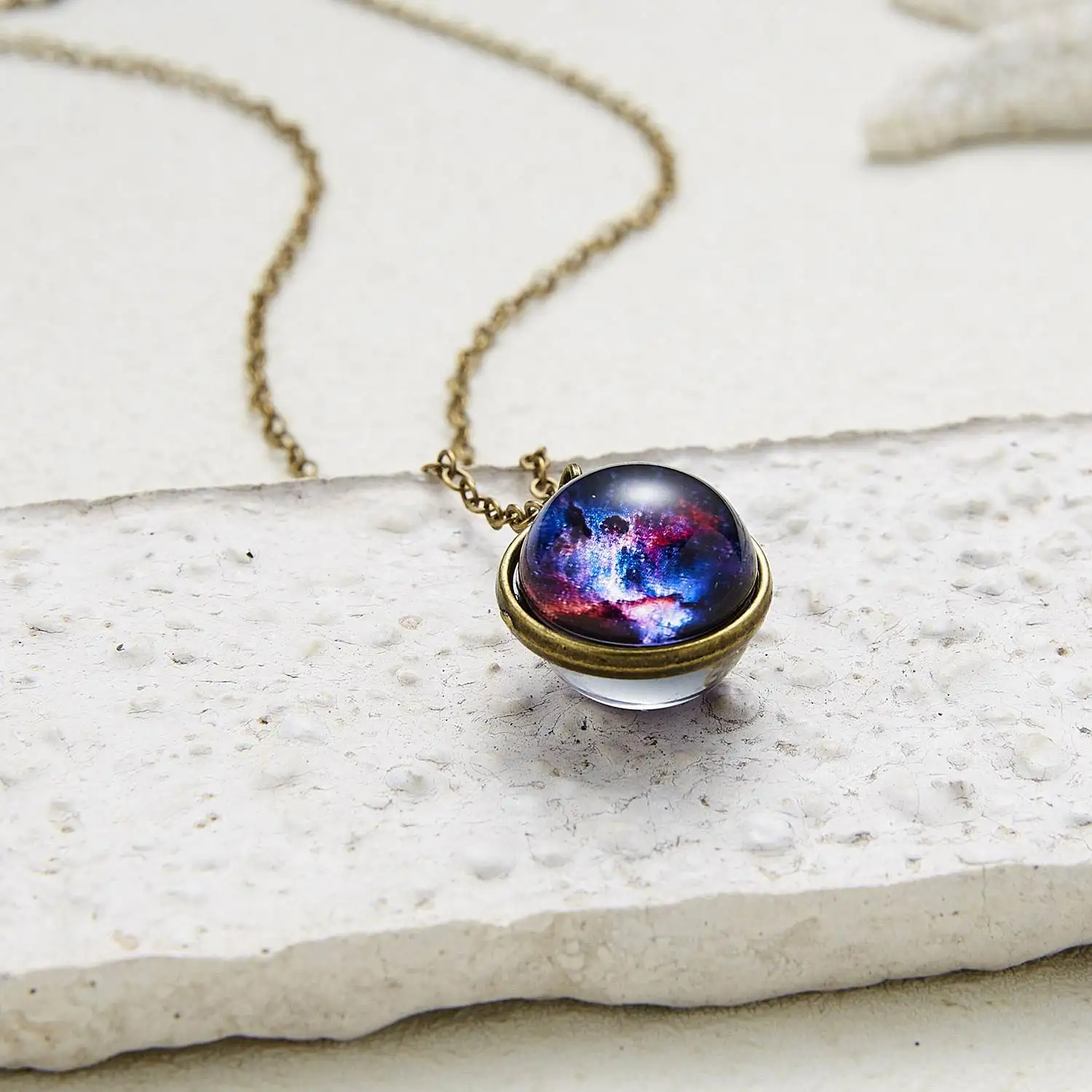 Double Side Glass Ball Necklace Vintage Galaxy Astronomy Pendant Necklace Universe Planet Cosmic Luminous Jewelry M0053