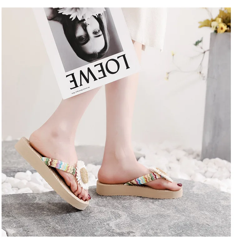 Cute charming elegant ladies flip-flops floral twine three heights different styles flat platform slipper flip-flops for women
