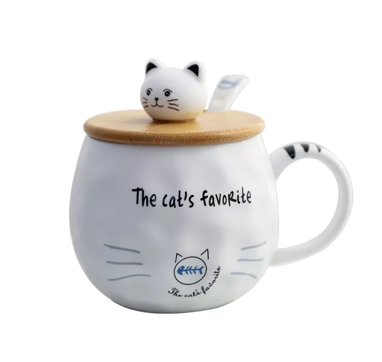 Hot sale cute  cartoon cat 3D ceramic mug creative milk coffee tea mug unique ceramic mug with lid and spoon
