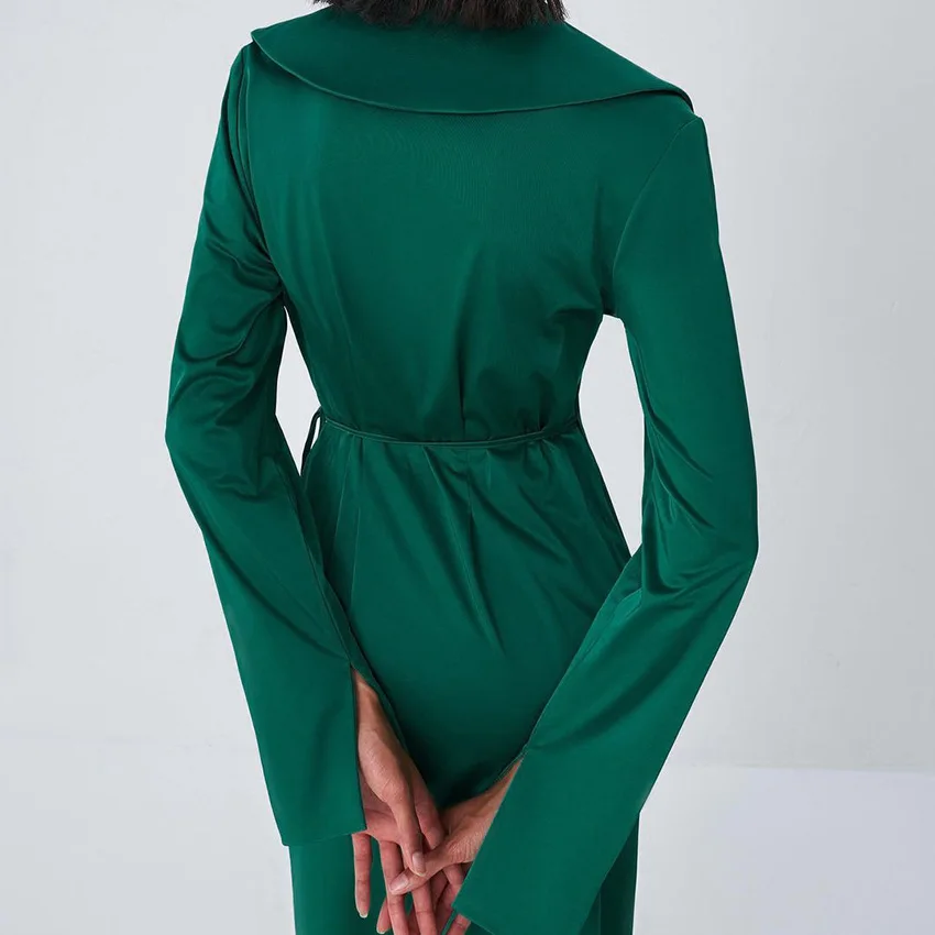 custom logo green satin dress long sleeve tie v neck slit women clothing fashionable party prom ladies length dresses