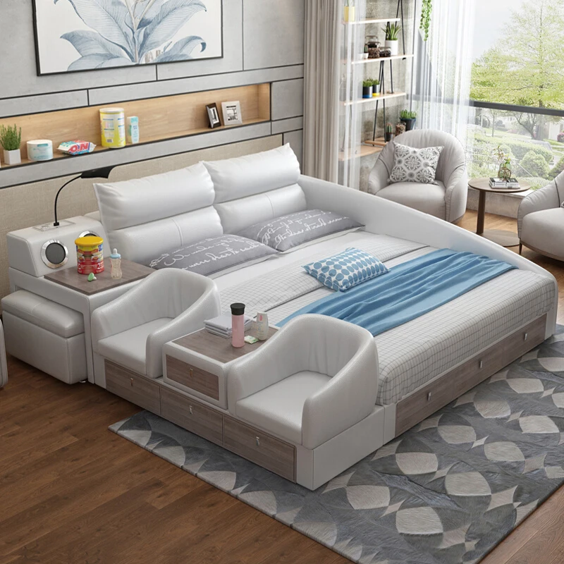 
Multifunctional Massage Bedroom Furniture combination Baby bed modern king Genuine Leather Bed with Speaker 