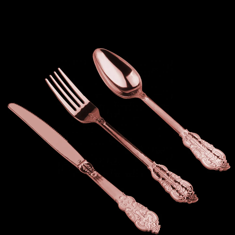 Eco-Friendly Rose Gold Silver Tableware Plastic Knife Fork Spoon Restaurant Party Wedding Disposable Plastic Knife Fork Spoon