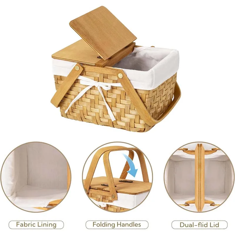Wholesale picnic basket with folding handle, double flip cover, gift woven basket suitable for camping storage