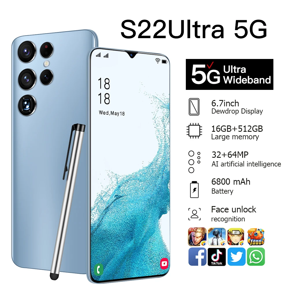 Free memory card Grade A+ Smartphones 16GB+512GB Smartphone 6.7 inch Cellular phone With Face Unlock/GPS 6800mah large battery