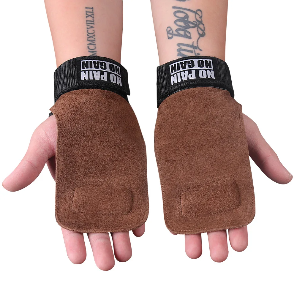 Custom High Quality Gym Fitness Cowhide Hand Palm Protector Weight Lifting Grips with Wrist Strap
