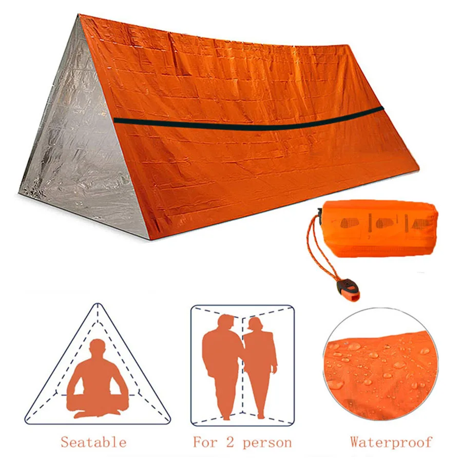 Emergency Shelter Survival Bivy Tube Tent Kit - Thermal Blanket Waterproof 1-2 Person Sleeping Bag SOS Equipment