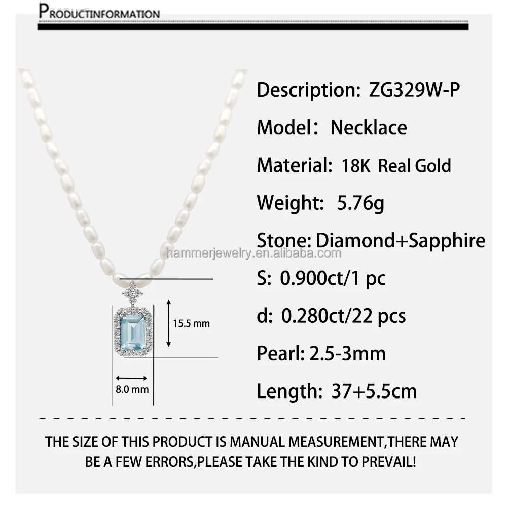 Luxury 18k Real Gold Emerald Shape  Aquamarine Pendant With Rice Pearls Necklace Charm Fine Jewelry Choker