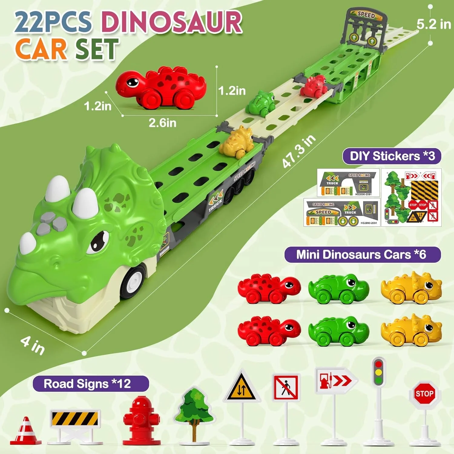 2024 New B/O Dinosaur Truck with 6 Dino Car,Foldable Track 2 Player Race Car with Light And Sound,Catapult Transform vehicle