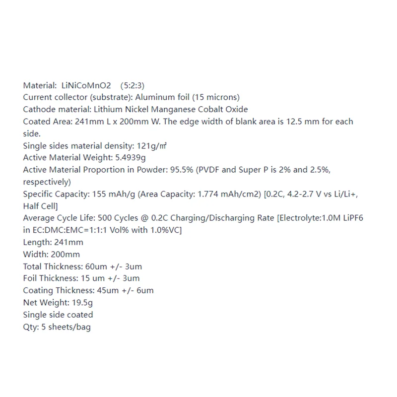 Li-Ion Battery Cathode Electrode Sheet Aluminum Foil Single Side Coated by Lithium Nickel Manganese Cobalt Oxide NCM523