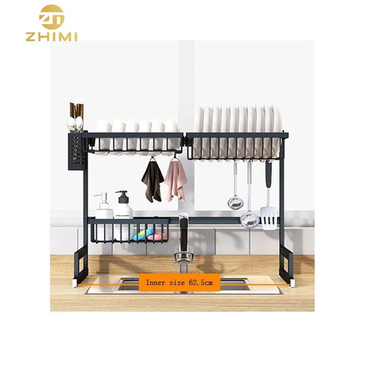 
Factory Hot Sale 2 Tiers Black Stainless Steel Home Kitchen Plate Drying Storage 65cm Over Sink Dish Drainer Rack 