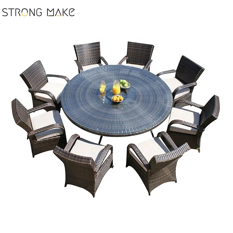 Best price garden banquet round table and PE rattan chair outdoor dining furniture set