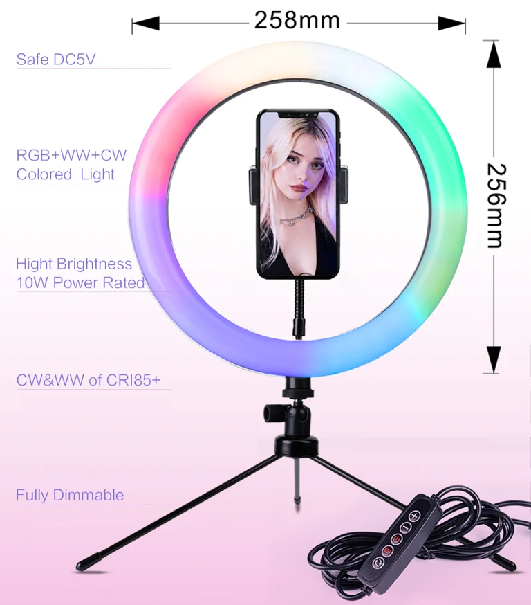Wholesale Professional Customized 10 inch Portable Lighting Coloful DC5V 6/8/10 inch LED Dimmable RGB Selfie Stick Ring Light
