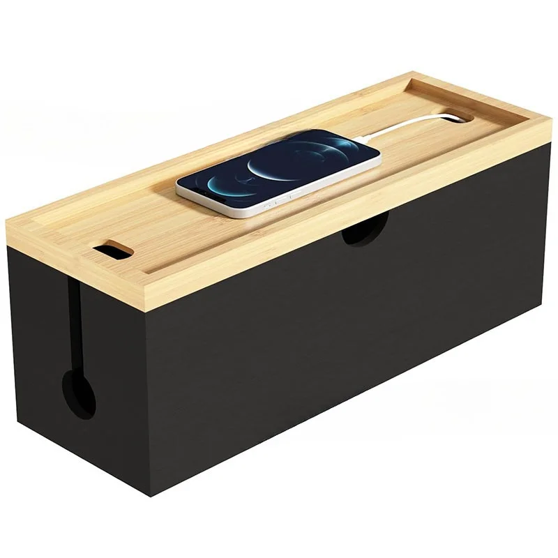 Large Rustic Wood Cable Management Organizer Storage Holder for Desk TV USB Hub Hide & Power Strip & Cables