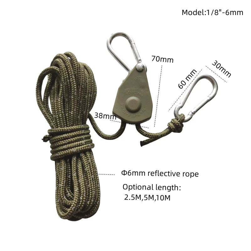 one-way self-locking pulley lifting rope double hook luggage rack binding rope tensioner tent ratchet reflective guyline camping